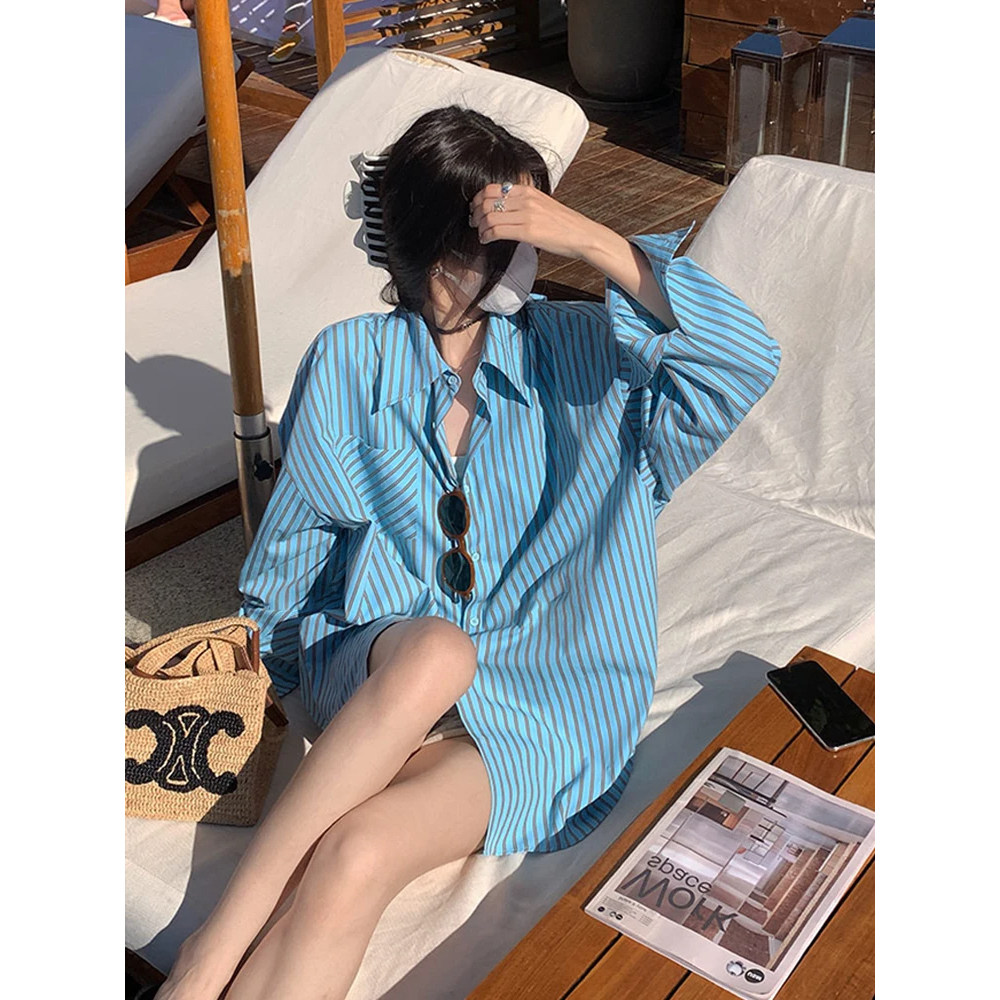 蓝色条纹衬衫外套女春秋慵懒宽松外搭长袖防晒衬衫度假风休闲上衣