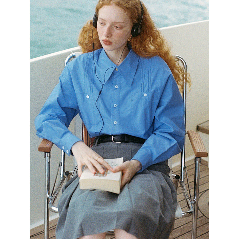 法式高智感蓝色Polo领衬衫女春夏小个子宽松垂感长袖衬衣休闲上衣