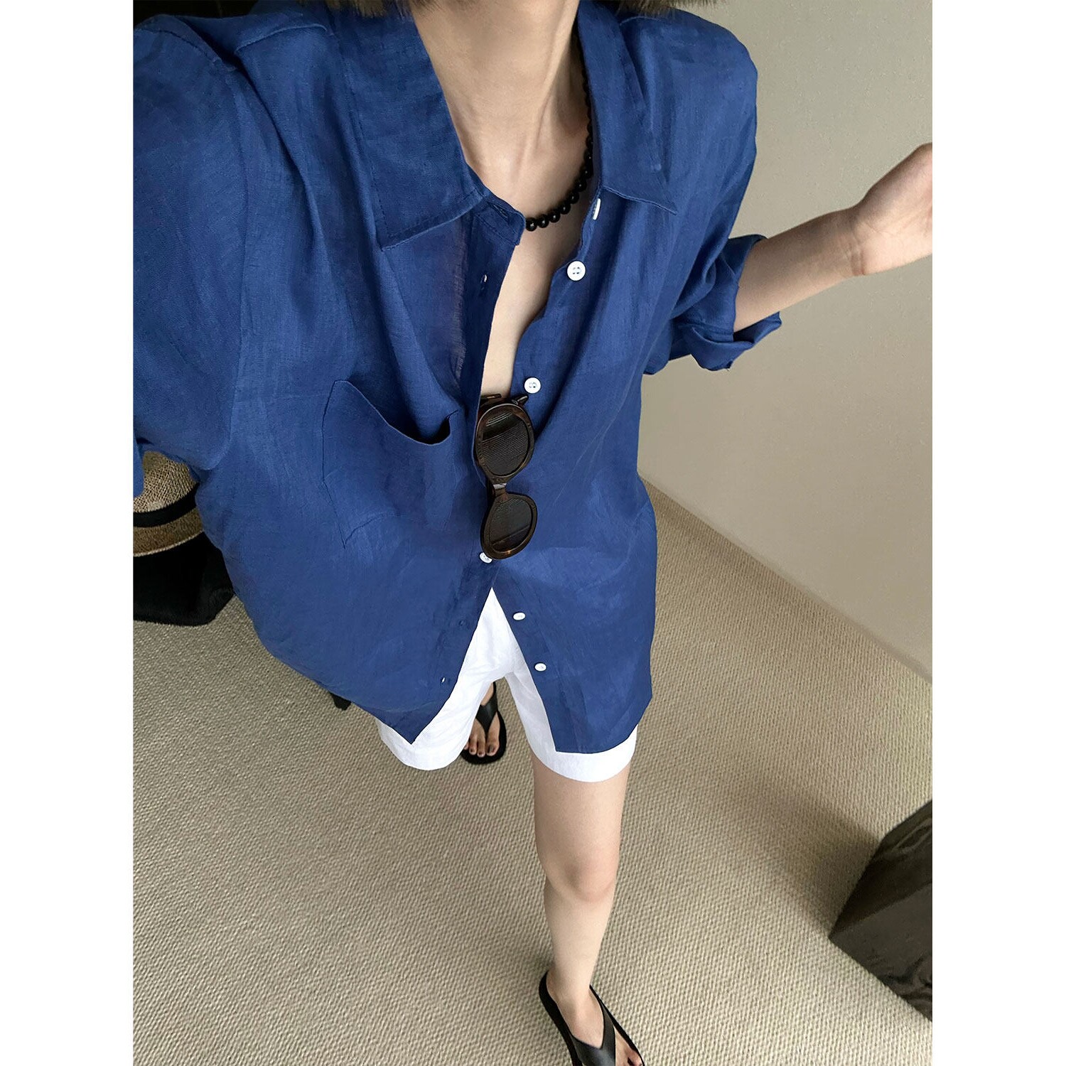 高级感蓝色亚麻防晒衬衫女夏薄款