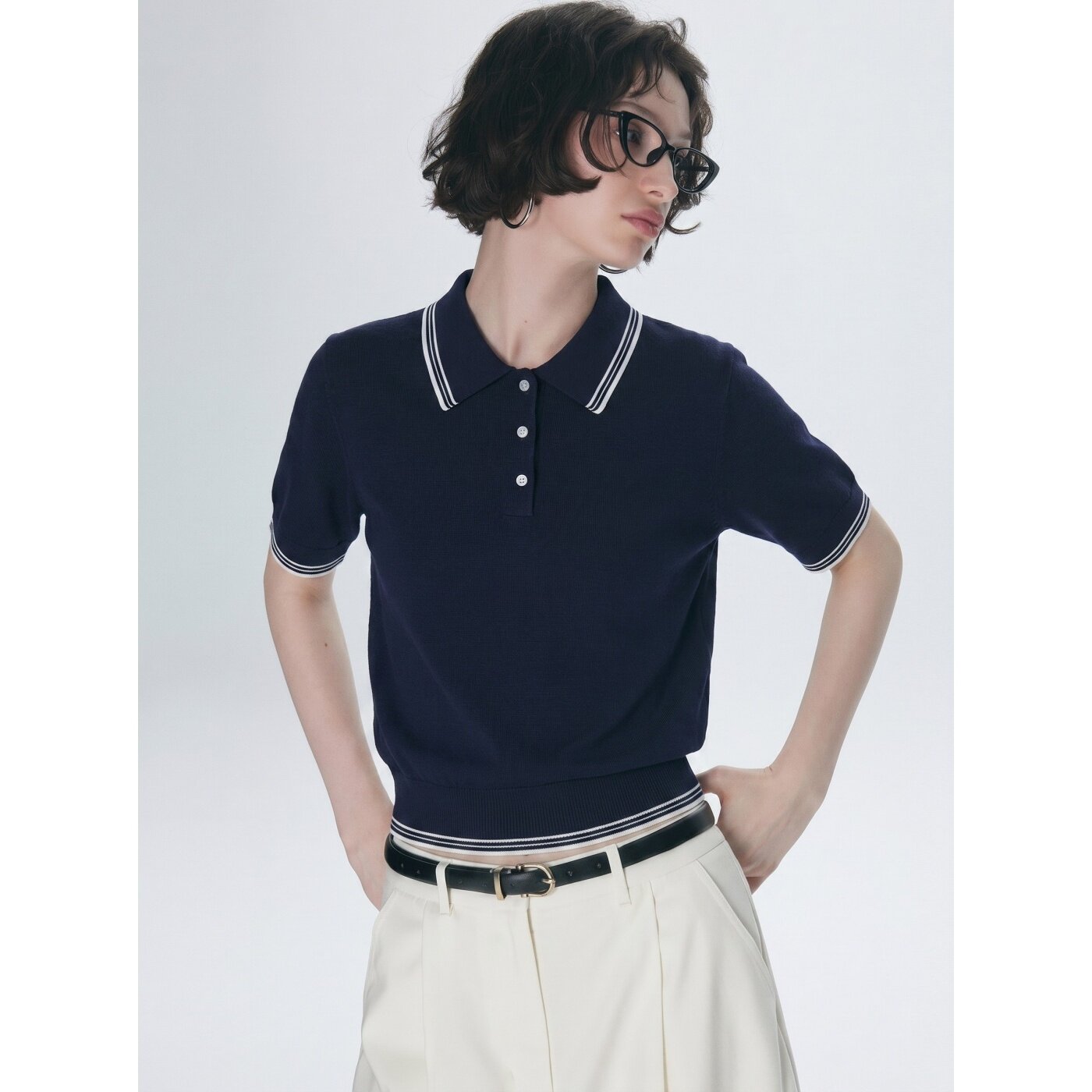 法式学院风polo领冰丝短袖针织衫女夏季高智感显瘦亲肤气质上衣薄