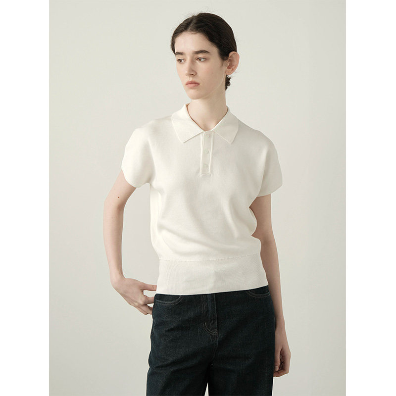 法式休闲白色针织短袖polo衫女夏季亲肤显瘦气质收腰正肩T恤上衣