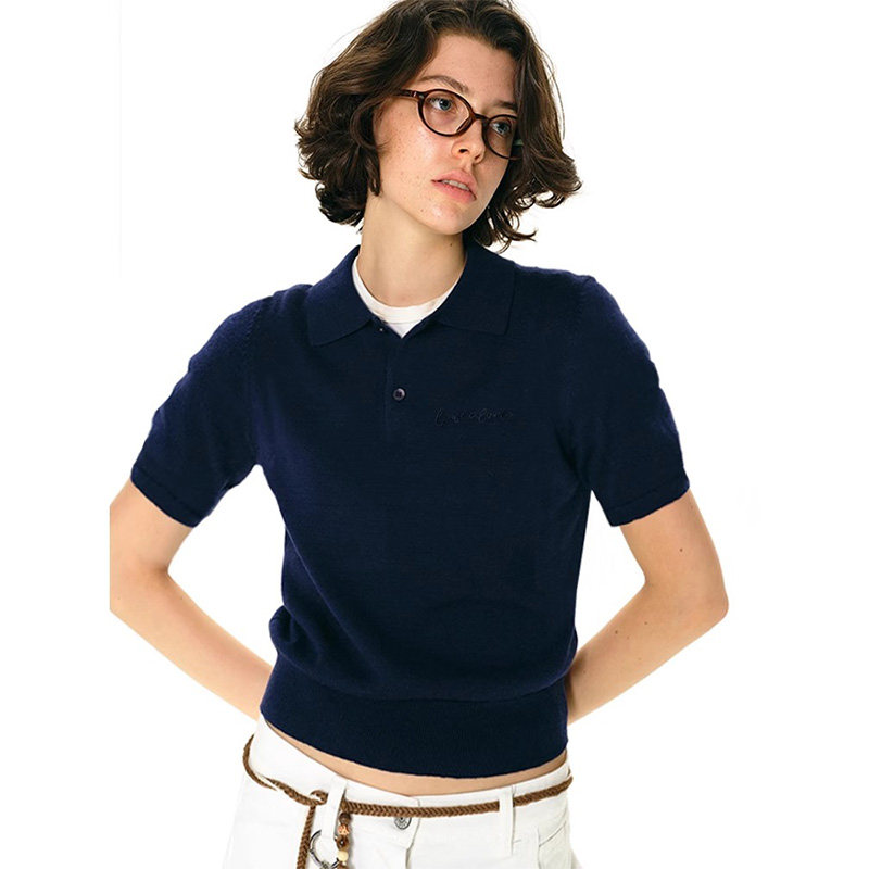 法式气质深紫色翻领polo衫短袖t恤女夏季冰丝体恤正肩针织上衣薄