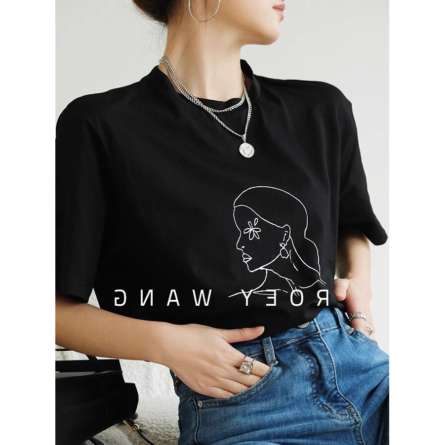 法式高级感黑色短袖t恤女夏季休闲宽松显瘦巨好看独特漂亮上衣薄