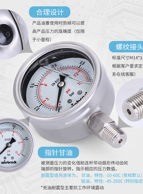 压力表进口式EN-837全不锈钢YN60BF耐腐蚀耐高温0-1.6mpa水压液压