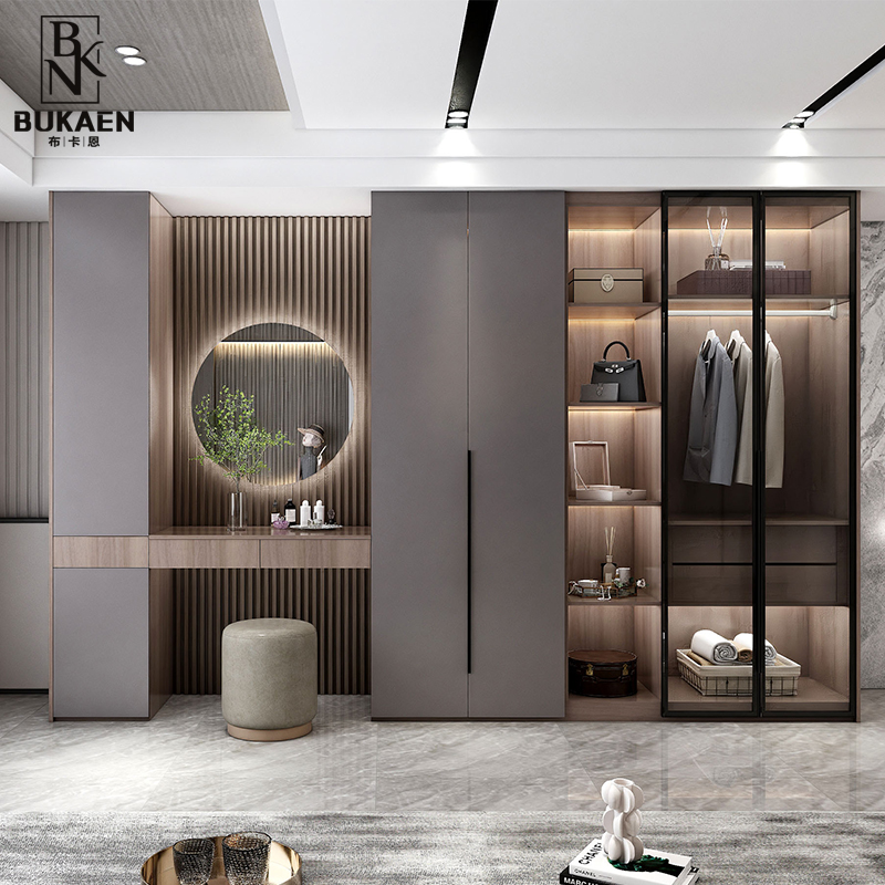 意式极简轻奢衣柜带书桌一体组合转角玻璃门到顶主卧室衣橱定制