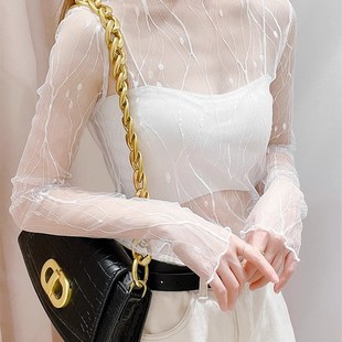 夏季透明网纱打底衫女防晒内搭纱衣高领白色镂空蕾丝性感薄款上衣