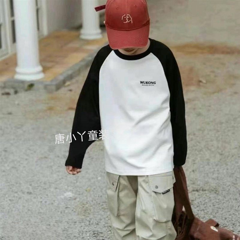 中大童纯棉长袖T恤悟空插肩袖加厚卫衣打底衫黑白男女童国潮风