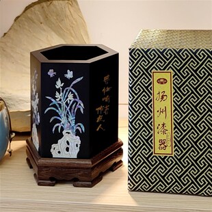 螺钿漆器笔筒送老师书房办公桌面摆件木质复古中国风 教师节礼物