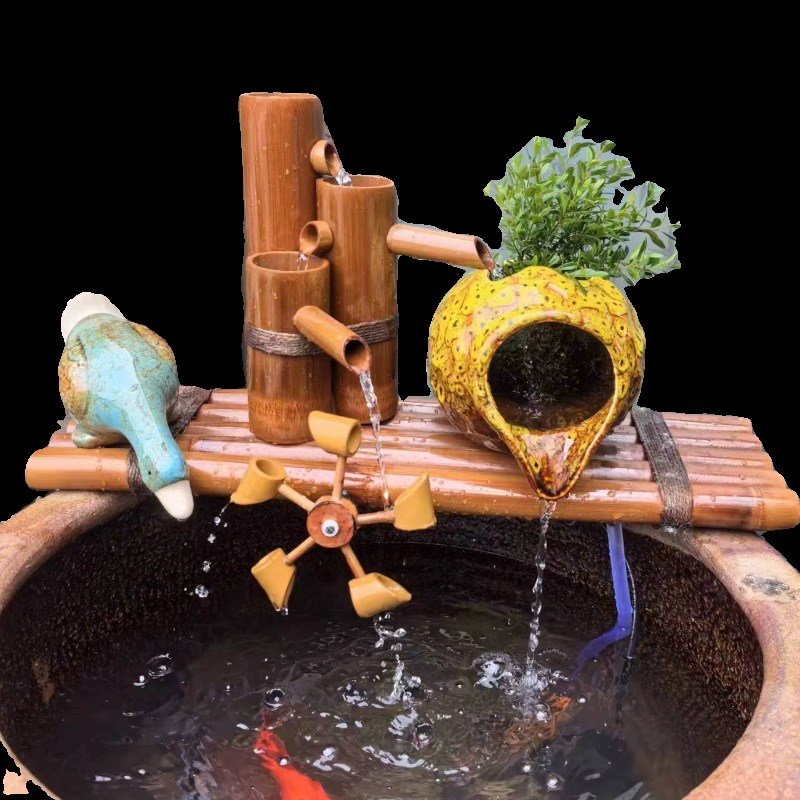 循环流水陶罐生态缸古法养鱼庭院造景摆件室内增氧竹子流水过滤器