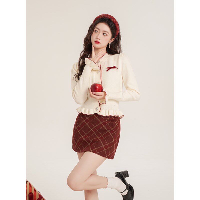短款荷叶边红色开衫毛衣女冬季2023新款小个子甜美法式针织衫上衣