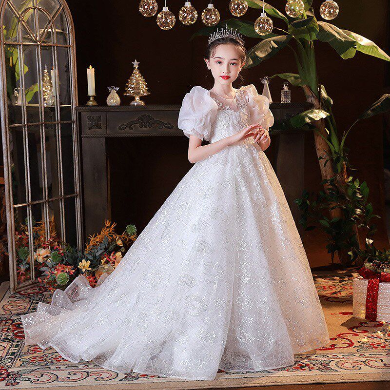 儿童白婚纱大拖尾连衣裙女童生日公主裙学生艺考钢琴表演出服礼服