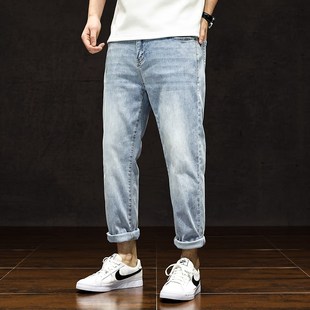 夏季薄款九分牛仔裤男夏天八分8分裤9分裤高端宽松直筒弹力浅蓝色