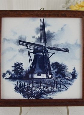 西洋收藏品手工制作实木画框瓷砖画欧式复古居家装饰陶瓷挂画摆件