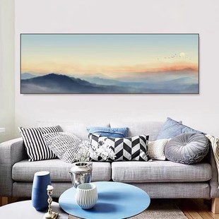 纯手绘油画新中式旭日东升风景挂画横版卧室客厅沙发背景墙装饰画