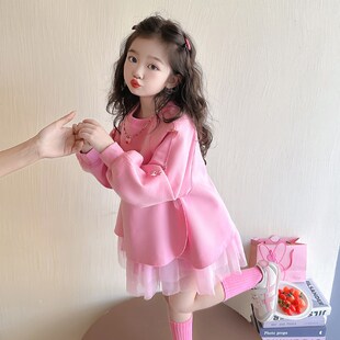 儿童连衣裙长袖拼纱潮女童甜美卫衣裙春秋女宝宝洋气裙子粉色春装