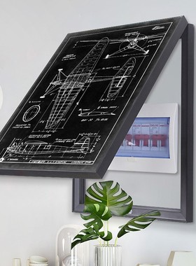 工业风飞机电表箱装饰画电闸总开门强弱电网络线盒遮挡画黑白挂画