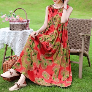 棉绸连衣裙女新款妈妈无袖背心气质高端精致夏季海边度假沙滩长裙