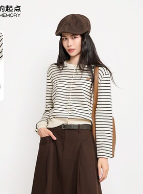 记忆的起点圆领开衫毛衣2024秋冬新款简约条纹针织外套68GQ55018
