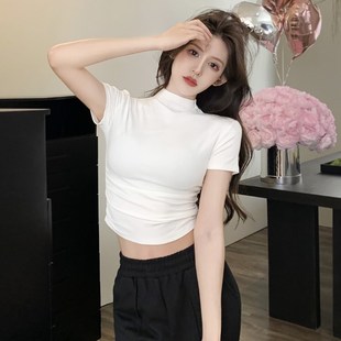 白色短款半高领螺纹短袖t恤女夏2025新款露脐高腰紧身小个子上衣