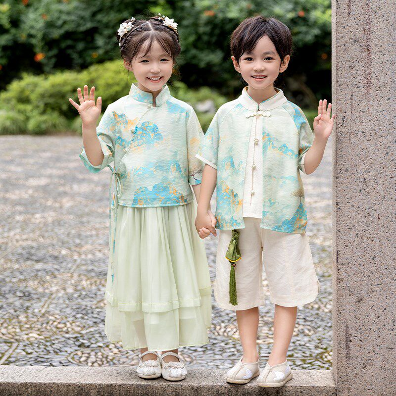 端午儿童汉服男女童套装学生夏装班服新中式古风演出服山水画唐装