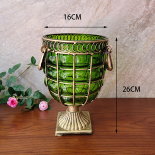 艺品红 创意欧式复古铁艺吹制玻璃花瓶客厅北欧透明蓝色摆件插花