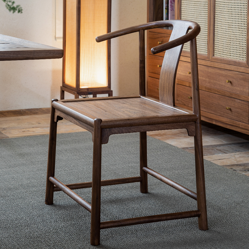 璞木新中式黑胡桃木实木餐椅圈椅牛角椅靠背木椅子简约化妆椅家用