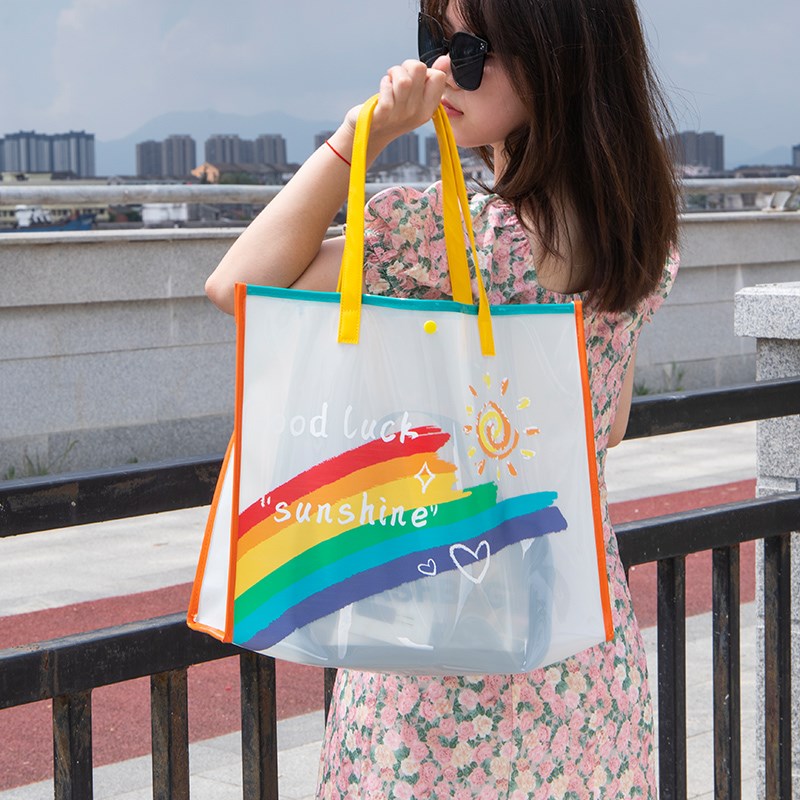 手提袋儿童节礼物彩虹款pvvc透明手提礼品袋生日伴手礼袋防水定制