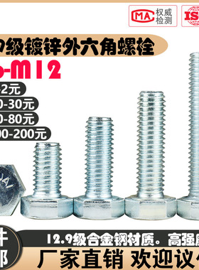 12.9级镀锌外六角螺栓高强度六角头螺丝白锌螺丝M6M8M10M12MZ16M2