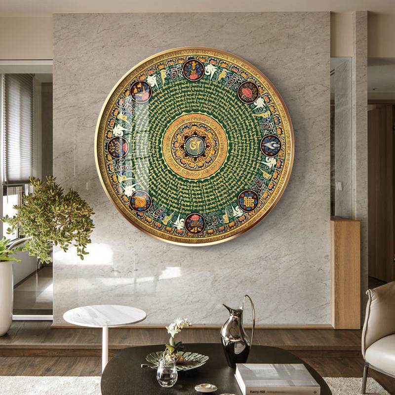 六字真言圆形装饰画藏式金刚经唐卡民宿入户玄关走廊佛堂挂画招财