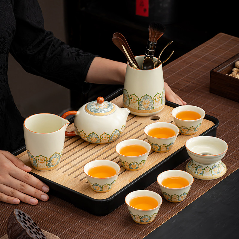 功夫茶具套组汝窑复古陶瓷泡茶壶盖碗整套带茶盘家用喝茶精致瓷器