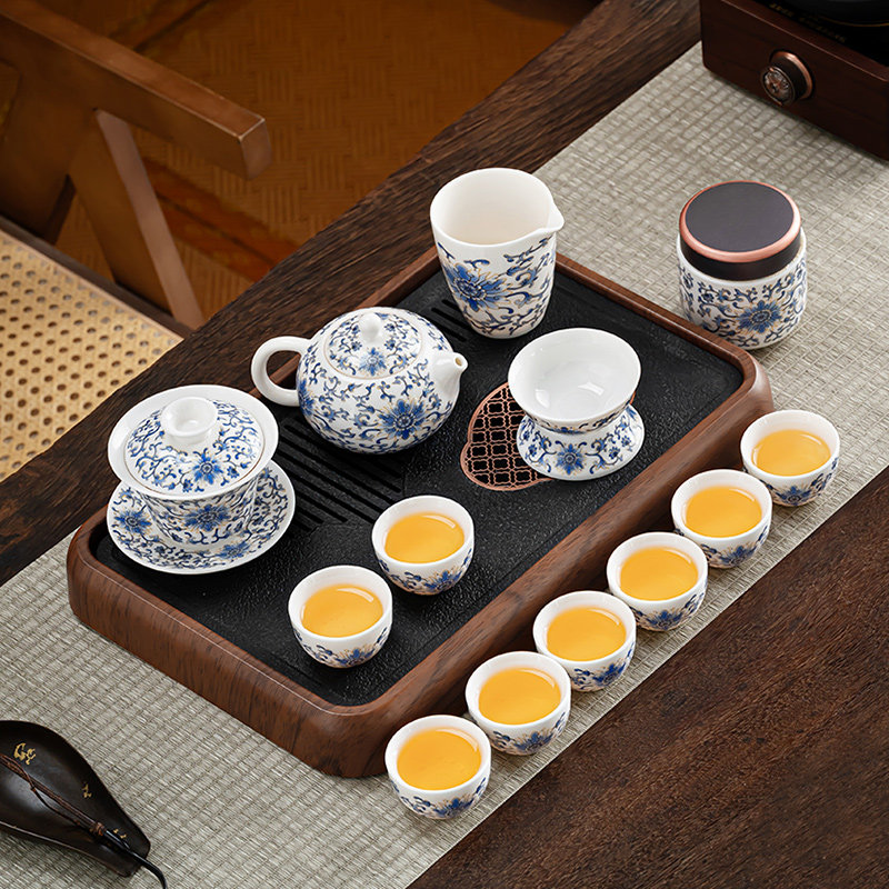 羊脂玉瓷青花功夫茶具套装家用客厅泡茶专用陶瓷盖碗茶杯整套喝茶