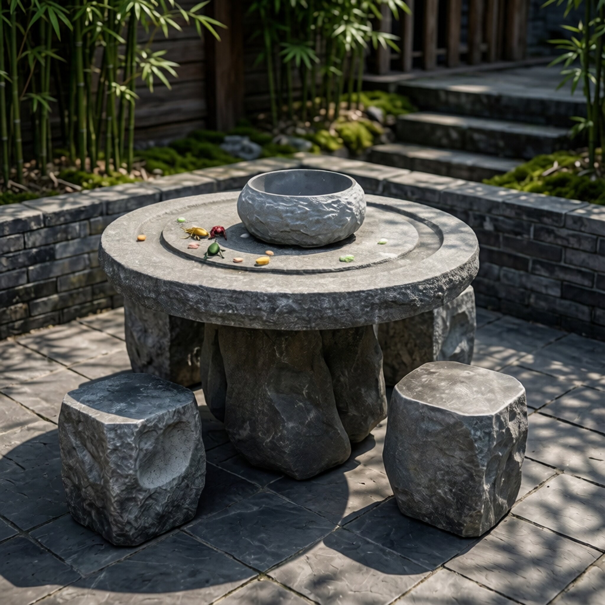 极简风天然青石石桌石凳仿古雕刻庭院桌椅圆形石台古韵石磨茶盘