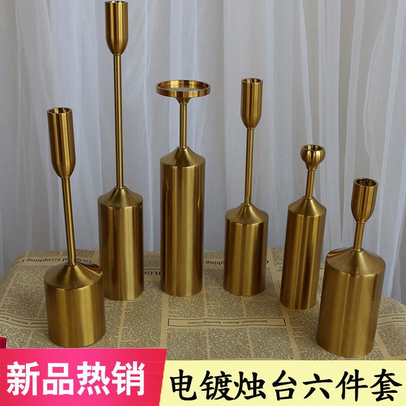 新款婚庆欧式电镀烛台六件套道具迎宾区布置用品摆件餐桌装饰外贸