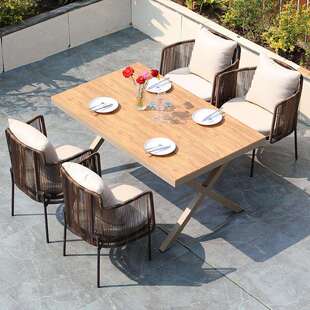 户外桌椅别墅庭院设计师休闲藤椅不锈钢室外防水露天塑木餐桌组合