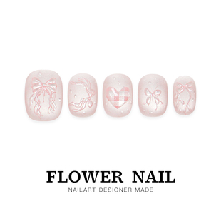 花芷「绮罗粉黛」粉色蝴蝶结美甲纯手工穿戴甲短款2026新款高级感