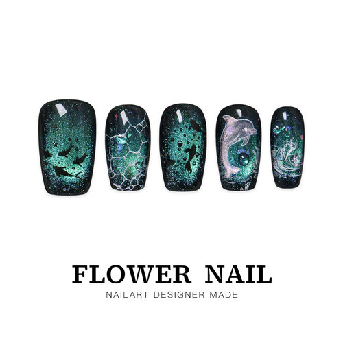 花芷「深海鲸歌」夏日美甲纯手工猫眼穿戴甲中长款2025新款高级感