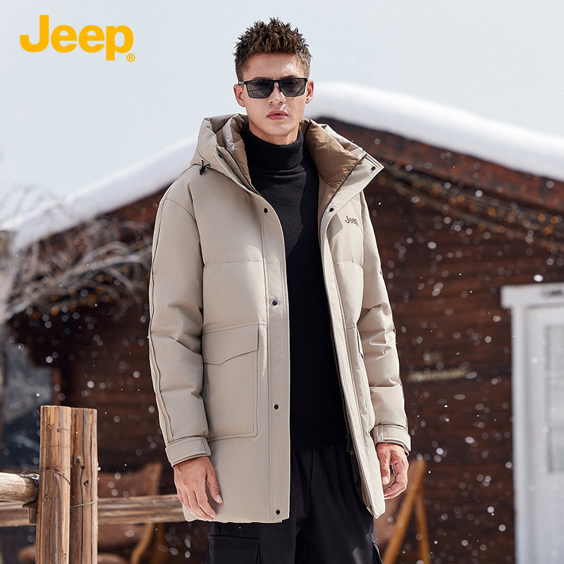 Jeep冬季男士中长款羽绒服工装防风经典百搭加厚抗寒保暖大码外套