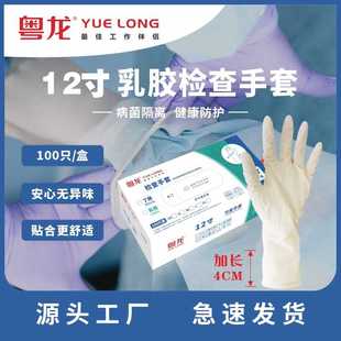 粤龙12寸加长一次性乳胶手套麻面防滑实验室检查白色丁腈手套