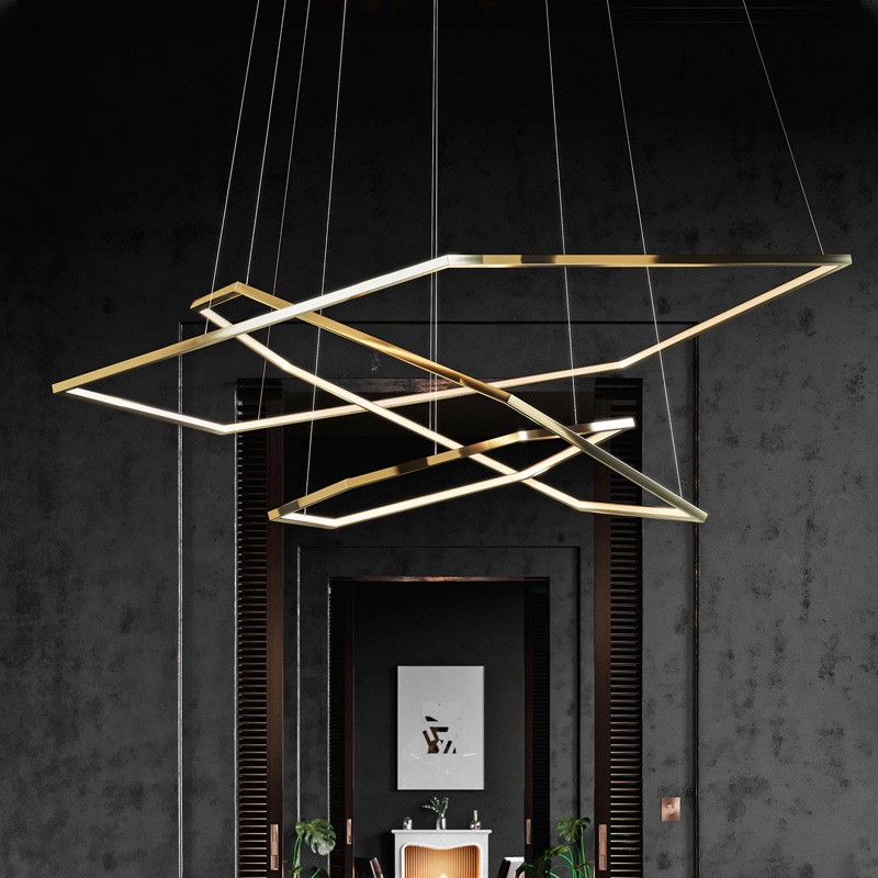 现代简约轻奢客厅吊灯设计师创意个性复式别墅金色环形六边形吊灯