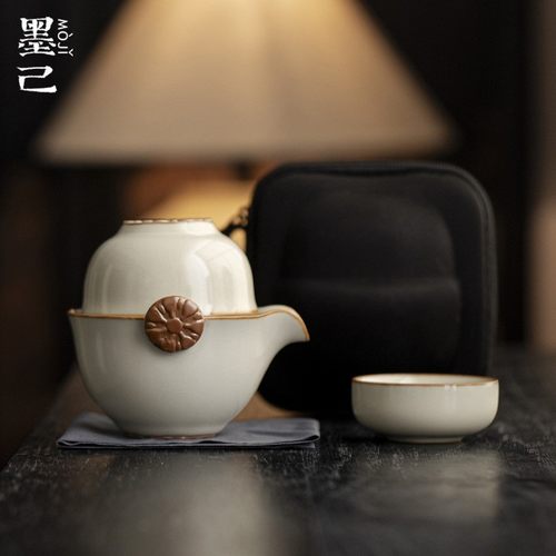 墨己汝窑快客杯旅行茶具套装一壶两杯手抓壶便携包功夫泡茶套组
