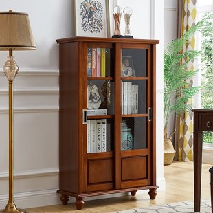 美式实木推拉门书柜带玻璃门客厅防尘书橱储物收纳小柜子矮展示柜