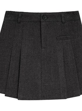 高腰毛呢A字百褶短裙女设计感不对称花灰色防走光内衬呢子半身裙