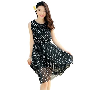 波西米亚背心裙红色波点无袖雪纺连衣裙夏短款飘逸海边度假沙滩裙