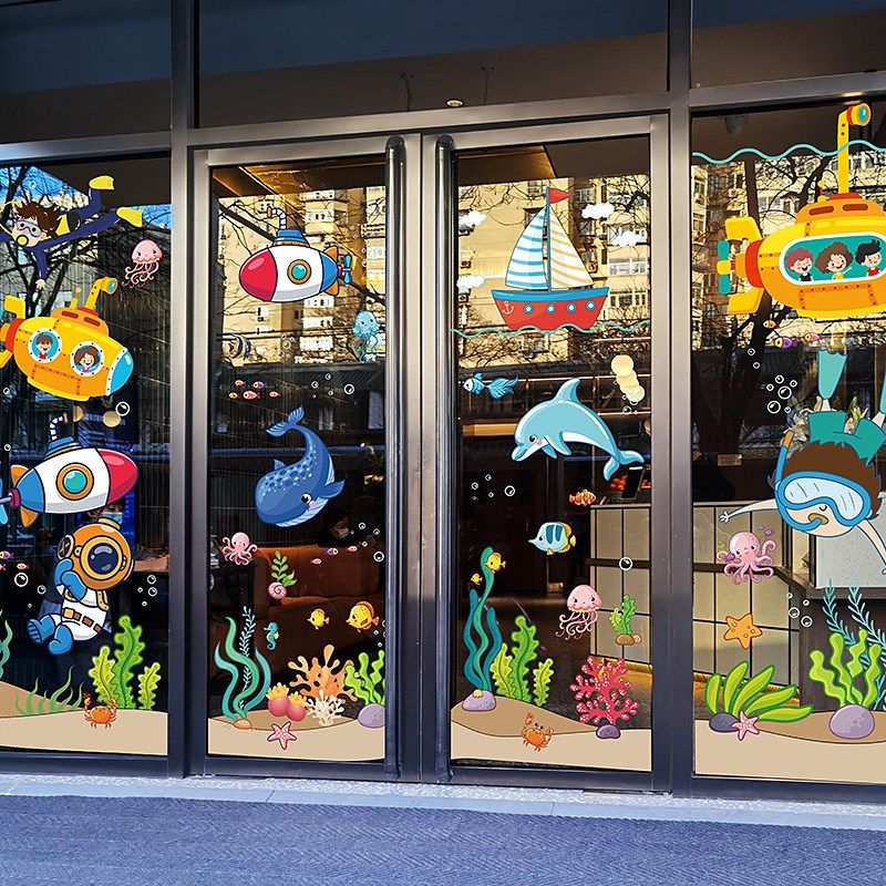 海底世界玻璃贴纸海洋馆游乐园布置幼儿园卡通海豚鲸鱼装饰静电贴