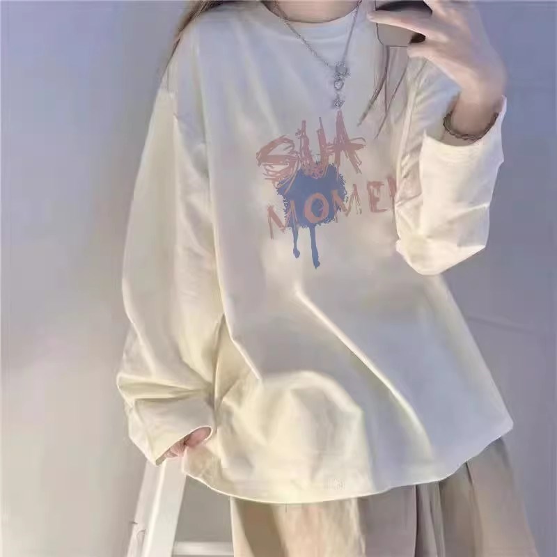 白色长袖t恤纯棉宽松加绒打底衫女内搭大码上衣秋季2023新款女装