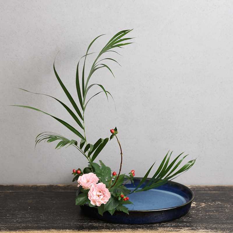 信乐烧写景大水盘乌泥盘日式花道插花器皿小原流盛花花盘