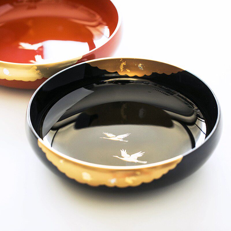 日本进口山中漆器金箔云鹤盛钵仙鹤果盘日式餐具点心大碗结婚礼物