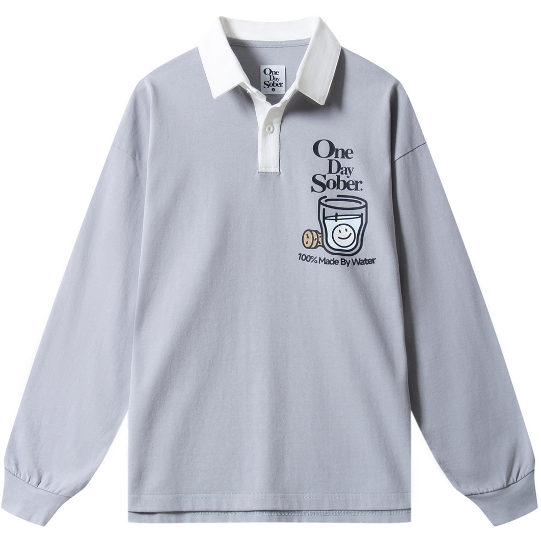 OneDaySober 25秋季纯棉Polo领宽松长袖T恤 美式喝水印花衬衫卫衣