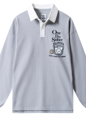 OneDaySober 25秋季纯棉Polo领宽松长袖T恤 美式喝水印花衬衫卫衣