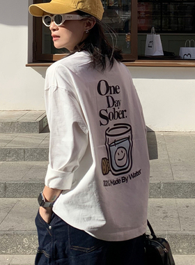 OneDaySober 趣味喝水笑脸双面印花 宽松长袖T恤上衣白色纯棉圆领